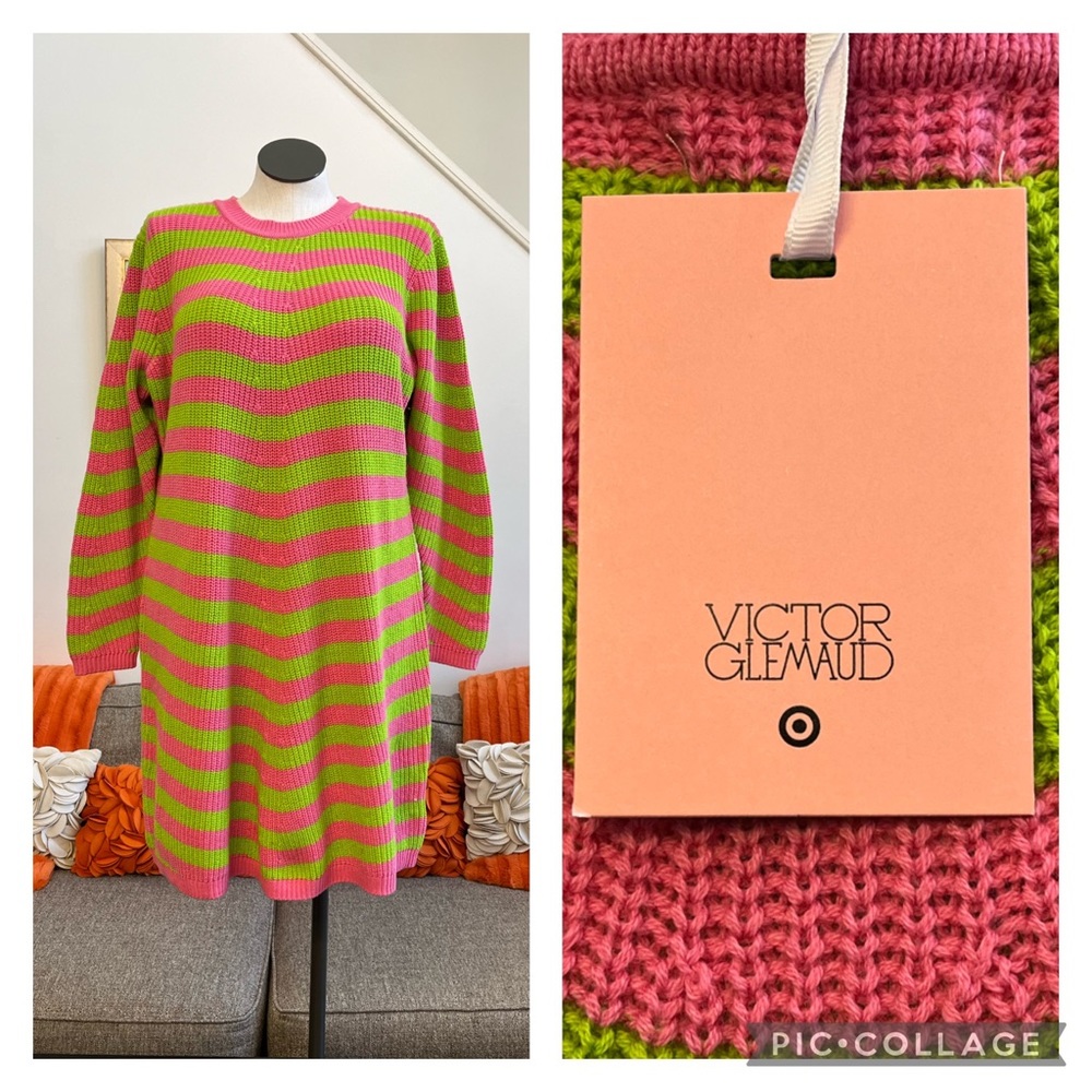 ❣️🆕 VICTOR GLEMAUD X TARGET Pink&Lime Long Sleeve Stripe Sweater Dress❣️